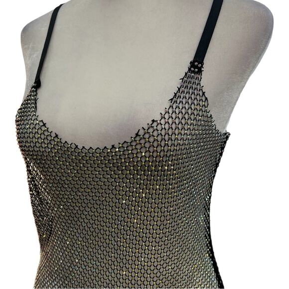 TIC TOC🕷️🎃Rhinestones sheer black stretch netting slip dress/or cover up SZ S - Picture 11 of 16